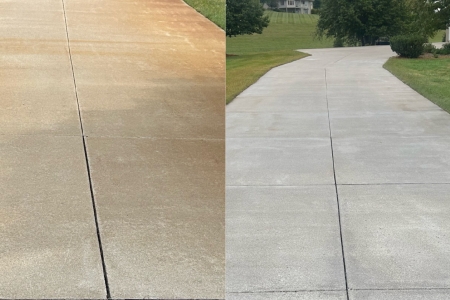Before-and-after photo of driveway surface cleaning in St. Michael, MN